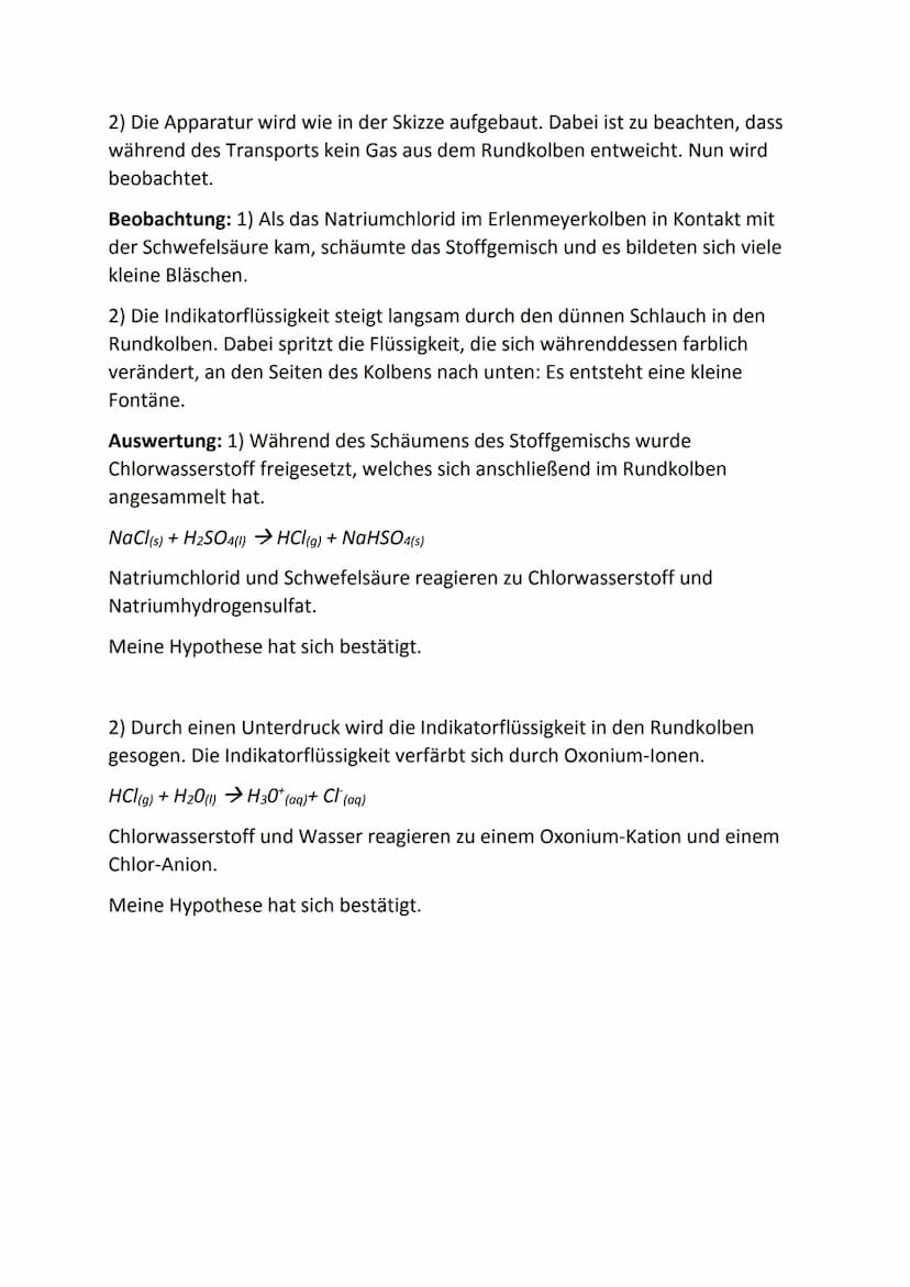 konzentr.
Schwefelswe
Versuch: Salzsäure-Springbrunnen
Frage: Versuch 1) Entsteht bei der Reaktion von Schwefelsäure mit
Natriumchlorid Chlo