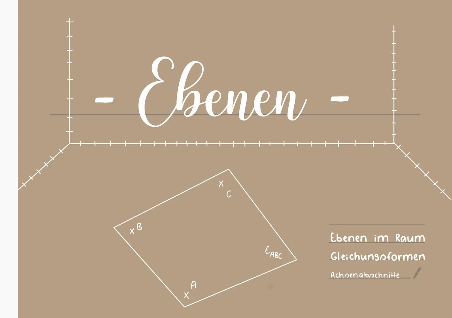 -Ebenen
+B
A
X
x
C
E ABC
Ebenen im Raum
Gleichungsformen
Achoenabschnitte Ebenen im Raum
Inhaltsverzeichnis
Parametergleichung bzw. Dreipunk