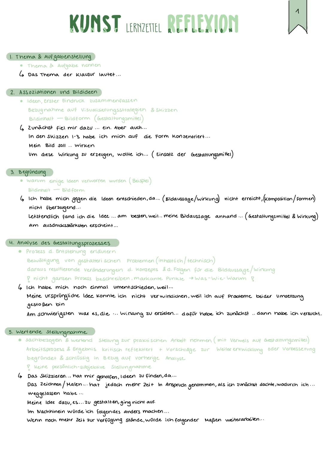 KUNST LERNZETTEL REFLEXION
1. Thema & Aufgabenstellung
Thema & Aufgabe nennen
4 Das Thema der Klausur lautet....
2. Assoziationen und Bildid