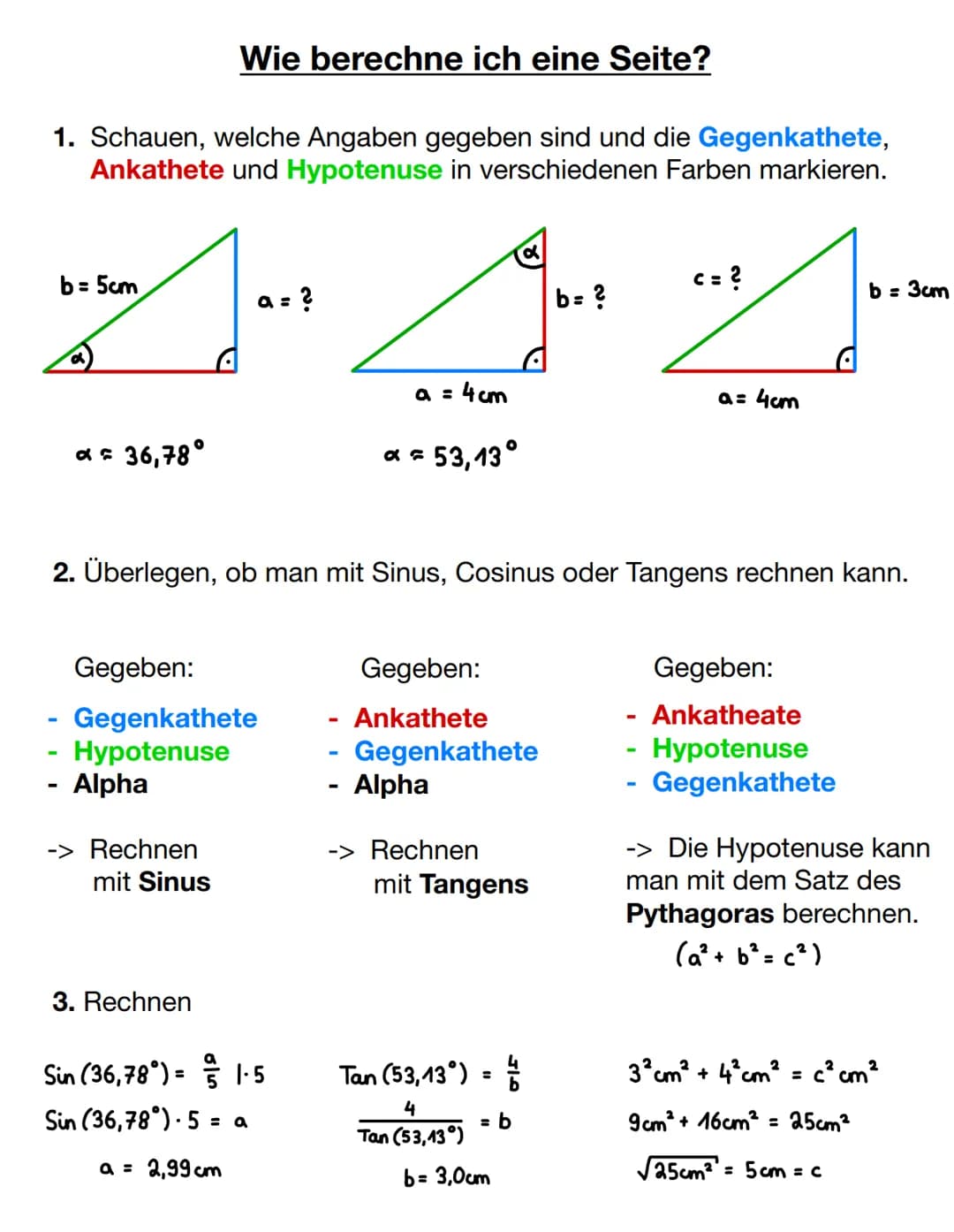 Sinus, Cosinus und Tangens
Sinus
Hypotenuse
Die Seite gegenüber
des rechten Winkels
=
Erst mal die 3 wichtigsten Begriffe.
=
Gegenkathete
Hy