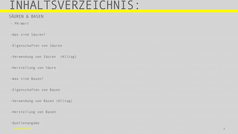 PRÄSENTATION
SÄUREN UND BASEN
JANNA & ALICIA
1 INHALTSVERZEICHNIS:
SÄUREN & BASEN
PH-Wert
-Was sind Säuren?
-Eigenschaften von Säuren
- Verw
