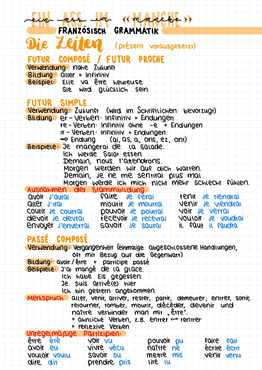 Ein nos in <smanche»>
سر هم
FRANZÖSISCH GRAMMATIK
Die Zeiten (présent vorausgesetzt)
FUTUR COMPOSÉ / FUTUR PROCHE
Verwendung nahe Zukunft
Bi