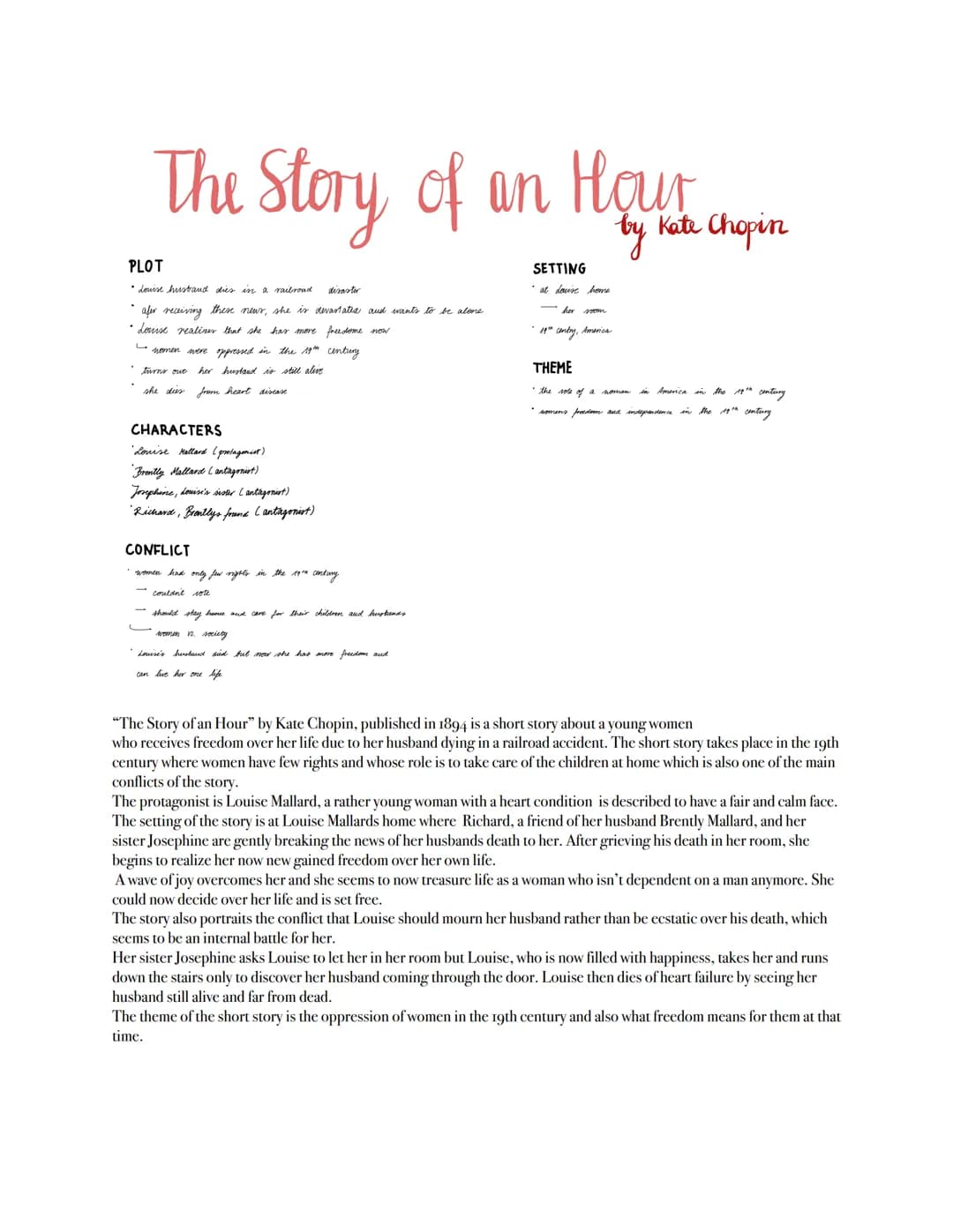 The Story of an Hour
PLOT
donise husband dies in a railroad disaster
• afer receiving these news, she is devastated and wants to be alone
• 