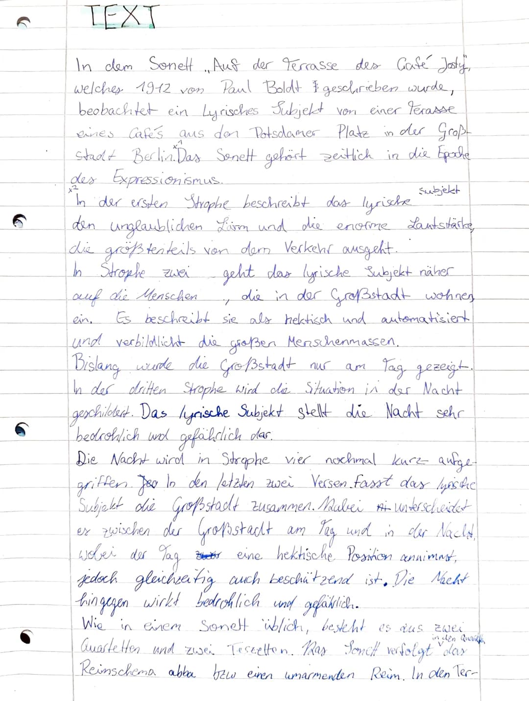 TEXT
In dem Sonett. Auf der Terrasse des Gafé Josty,
welches 1912 von
Paul Boldt geschrieben wurde,
beobachtet ein Lyrisches Subjekt von
ein
