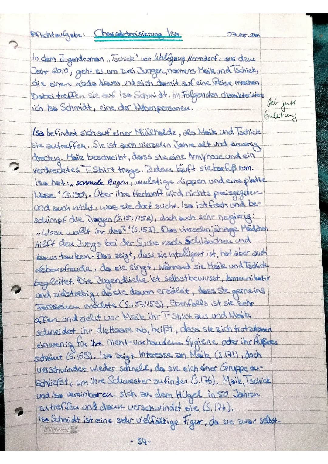 Charakterisierung von Isa aus 'Tschick' mit Kapiteldetails