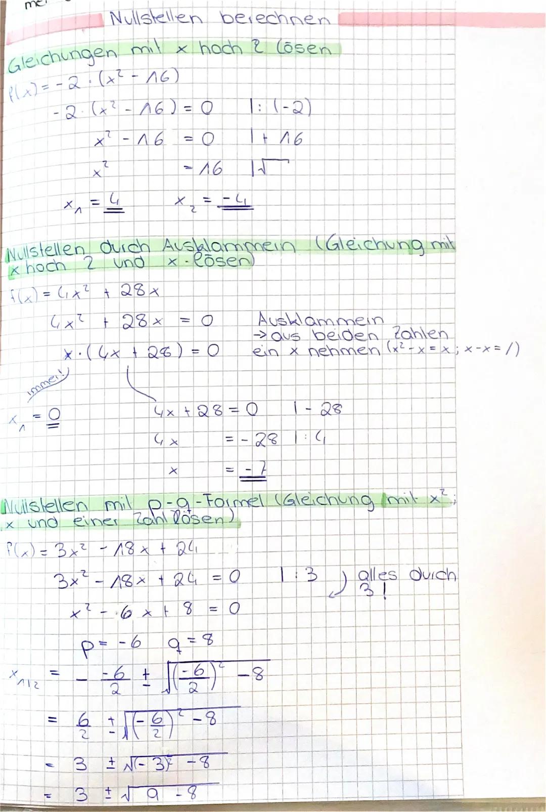 me
Nullstellen berechnen.

Gleichungen mil x hoch & Cosen
$f(x)=-2 \cdot (x^2-16)$
$-2 \cdot (x^2 - 16) = 0$ $1:(-2)$
$x^2-16 = 0$ $1+ 16$
$