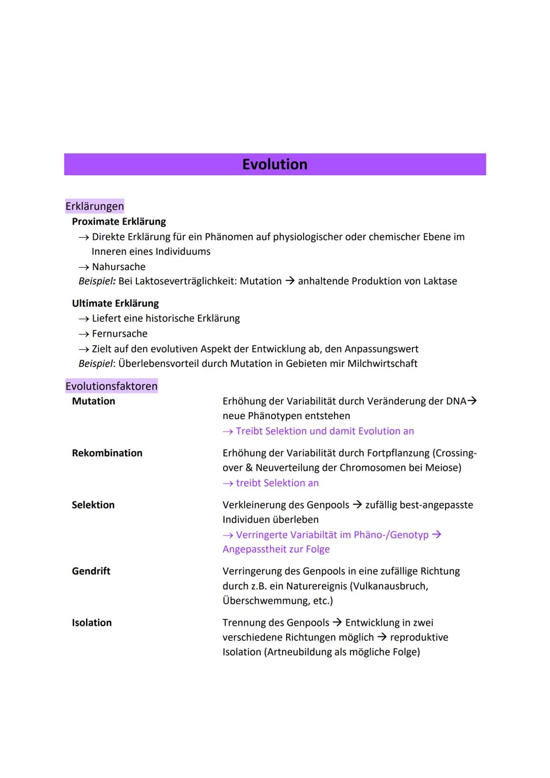 Erklärungen
Proximate Erklärung
→ Direkte Erklärung für ein Phänomen auf physiologischer oder chemischer Ebene im
Inneren eines Individuums
