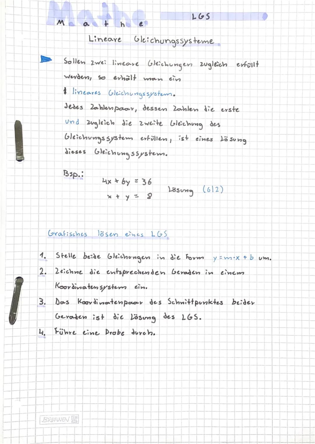 M
a
h
Grafisches
e
Sollen zwei lineare
werden, so erhält man ein.
lineares Gleichungssystem.
Jedes Zahlenpaar, dessen Zahlen die erste
und z