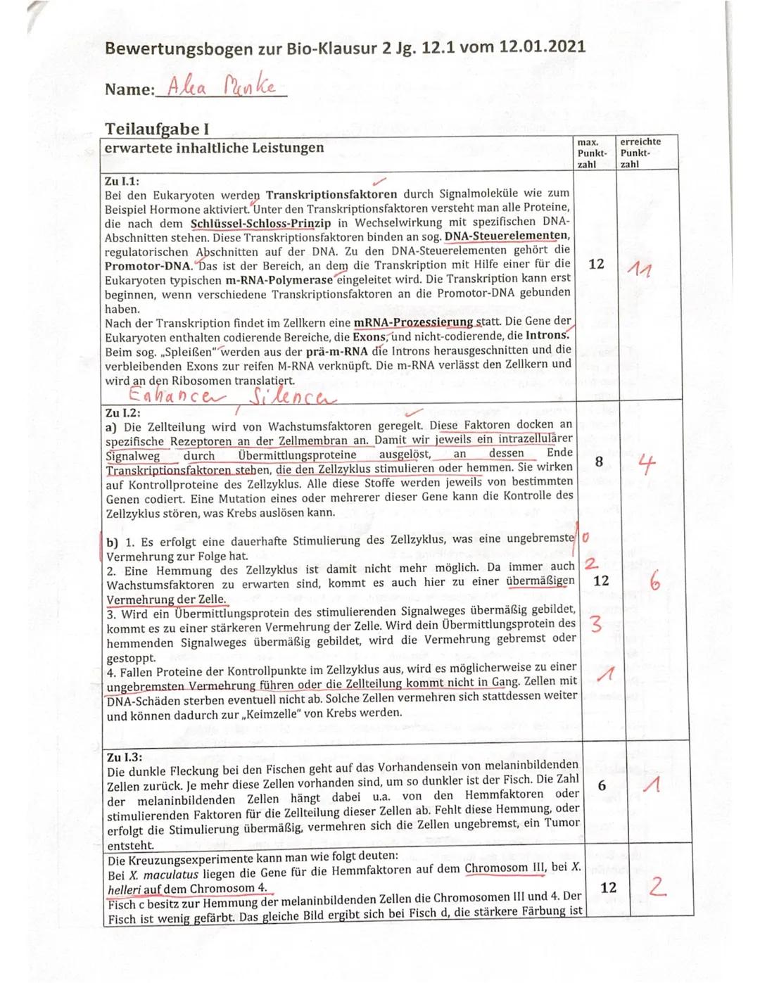 GK Bio 12.1 (DIH)
Name: Alea Menke
Thema: Genetik
Klausur 2
12.01.2021
Aufgabe I: Genregulation bei Eukaryoten und Tumorwachstum durch
Fehlr