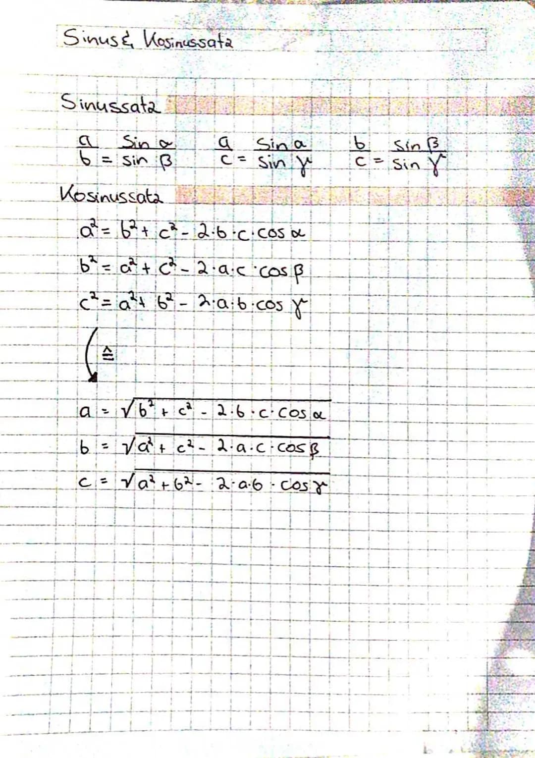 Sinus & Kosinussata
Sinussata
a Sina
6= = sin B.
Kosinussata
a² = 6²+ c²²-2-6.c.cosa
b² = a² + c²-2·ac cos p
c²=a²+ 6²-2·a·b·cos y
kil
Sina

