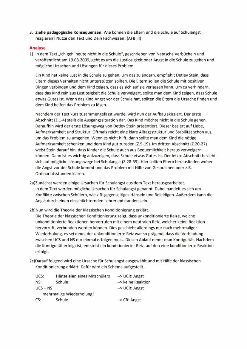 Lernen/ Klassische Konditionierung
Vorgegebener Text
,,Ich geh' heute nicht in die Schule" von Natascha Verbücheln
Jeden Morgen das gleiche 