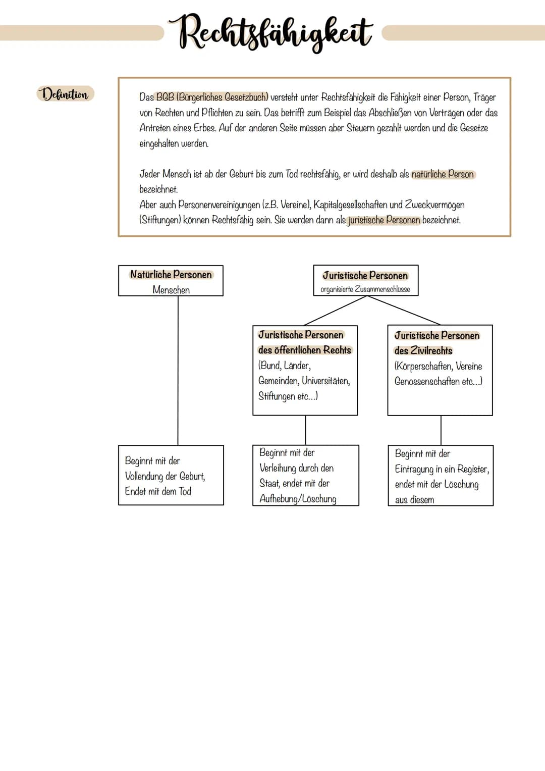Definition
Rechtsfähigkeit
Das BGB (Bürgerliches Gesetzbuch) versteht unter Rechtsfähigkeit die Fähigkeit einer Person, Träger
von Rechten u
