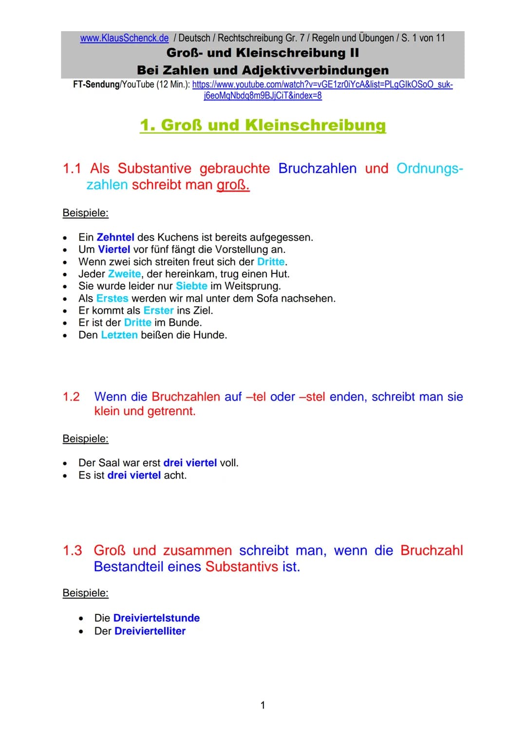 www.KlausSchenck.de / Deutsch (2008/09) / Rechtschreibung Gr. 1 / Regeln und Übungen / S. 1 von 11
s-Laute / Doppelungen / dass/das
FT-Sendu