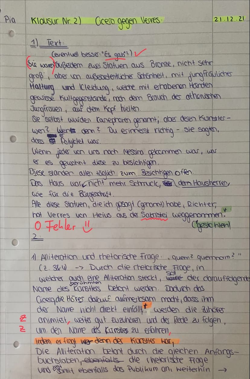 Latein Einführungsphase.
Name: Pia
Bewertung Teil A - Übersetzungsteil:_ O Fehler
entspricht
Bewertung Teil B - Interpretationsteil: 92 /100