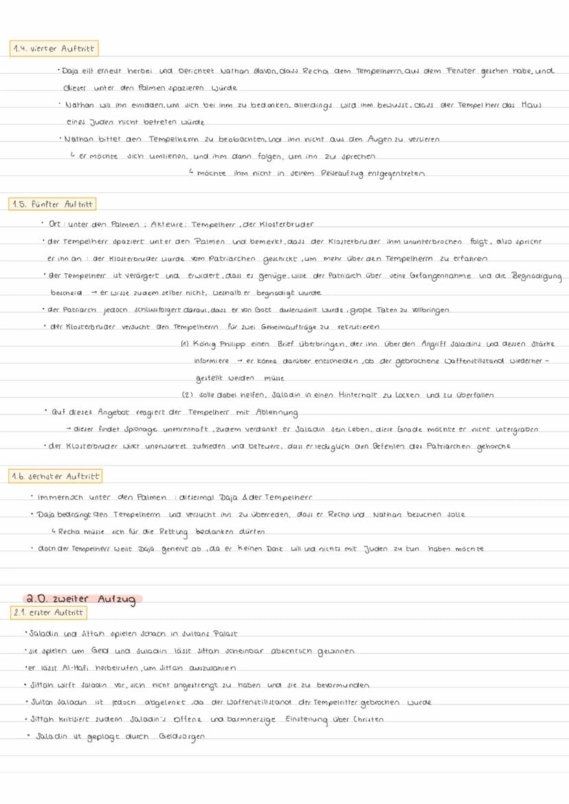 Natham der Wleise En
-deutsch cK.
Klausur
(1) Zusammenfassungen aller Auftritte
1.0 erster Aufzug
1.1. erster Auftritt
• Nathan kehrt von se