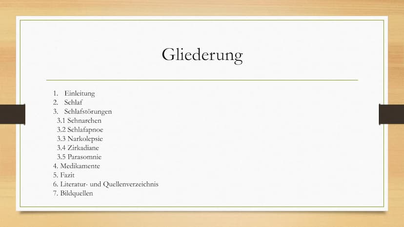 Schlafstörungen 1.
2. Schlaf
3. Schlafstörungen
3.1 Schnarchen
3.2 Schlafapnoe
3.3 Narkolepsie
3.4 Zirkadiane
3.5 Parasomnie
Einleitung
4. M