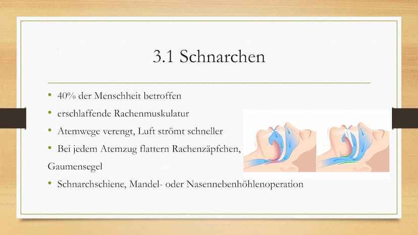 Schlafstörungen 1.
2. Schlaf
3. Schlafstörungen
3.1 Schnarchen
3.2 Schlafapnoe
3.3 Narkolepsie
3.4 Zirkadiane
3.5 Parasomnie
Einleitung
4. M