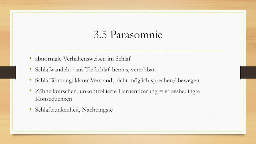 Schlafstörungen 1.
2. Schlaf
3. Schlafstörungen
3.1 Schnarchen
3.2 Schlafapnoe
3.3 Narkolepsie
3.4 Zirkadiane
3.5 Parasomnie
Einleitung
4. M
