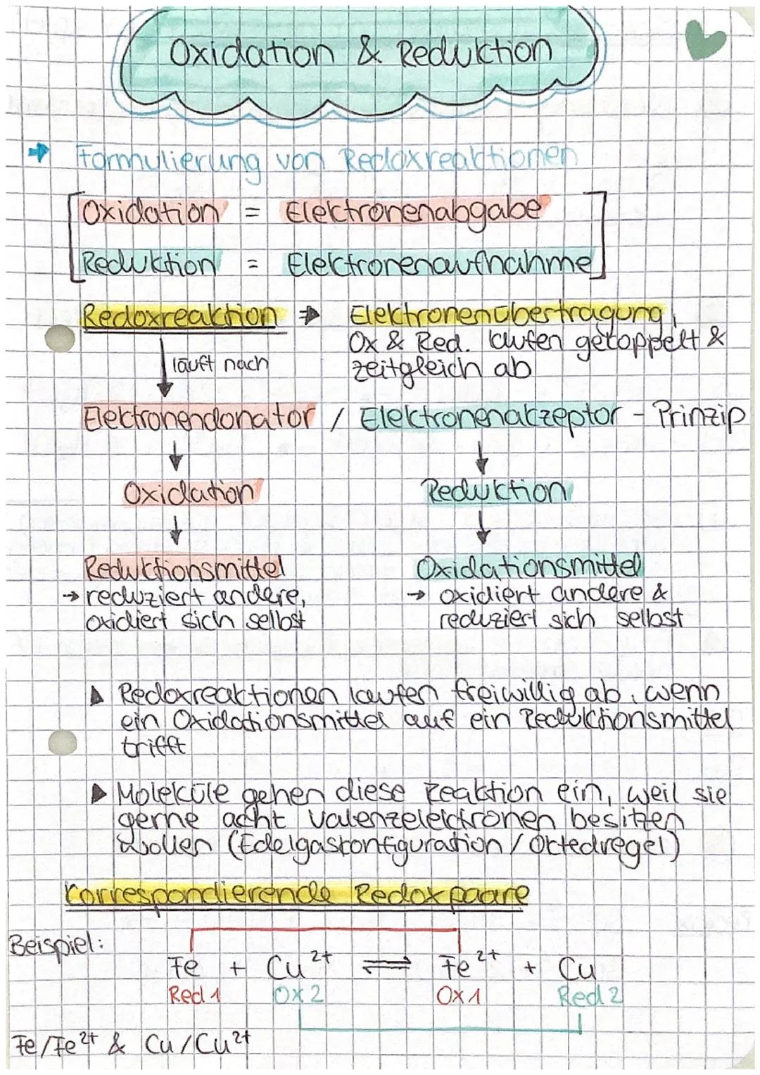 # Oxidation & Reduktion

* Formulierung von Redoxreaktionen

[Oxidation = Elektronenabgabe]

[Reduktion = Electronenauthahme]

Redoxreaktion