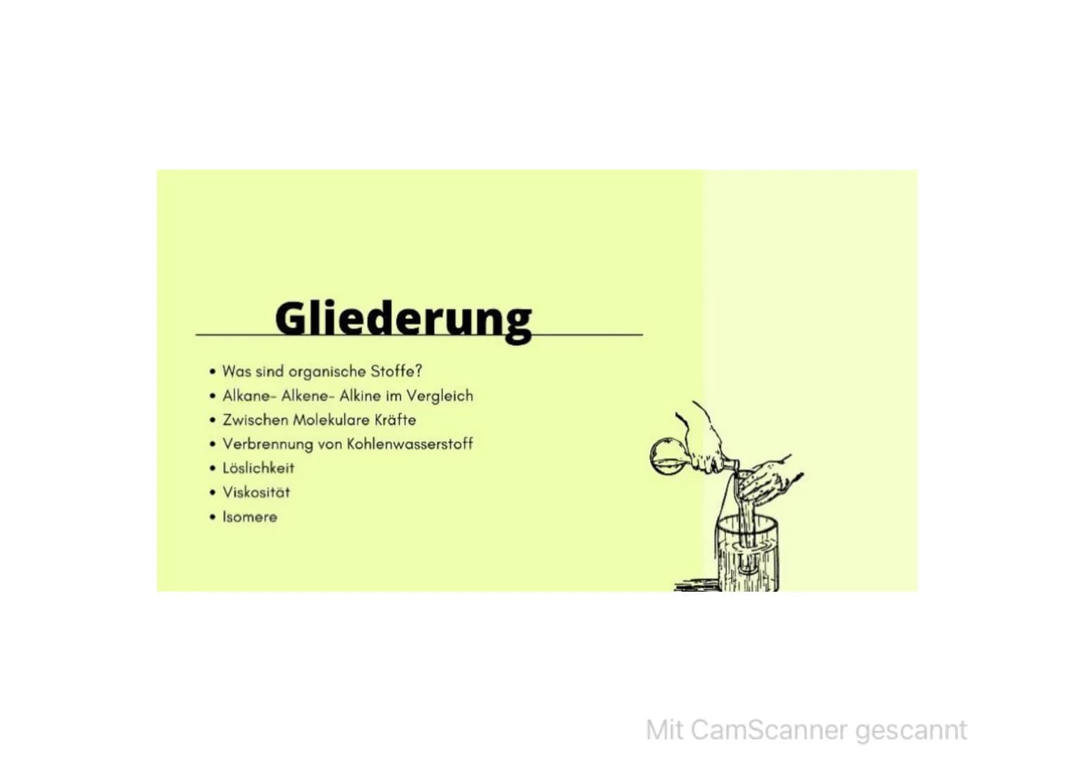 Kohlenwasserstoffe
Presentation von
Mit CamScanner gescannt Gliederung
• Was sind organische Stoffe?
Alkane- Alkene- Alkine im Vergleich
• Z