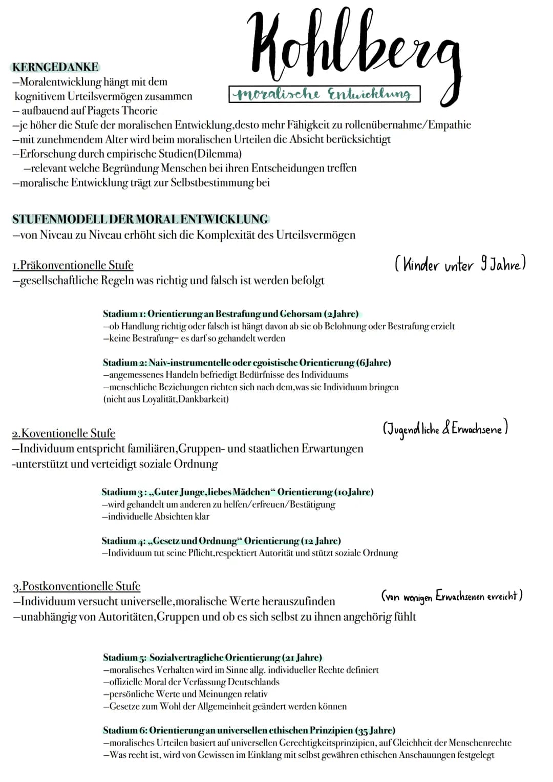 Kohlberg
moralische Entwicklung
KERNGEDANKE
-Moralentwicklung hängt mit dem
kognitivem Urteilsvermögen zusammen
- aufbauend auf Piagets Theo