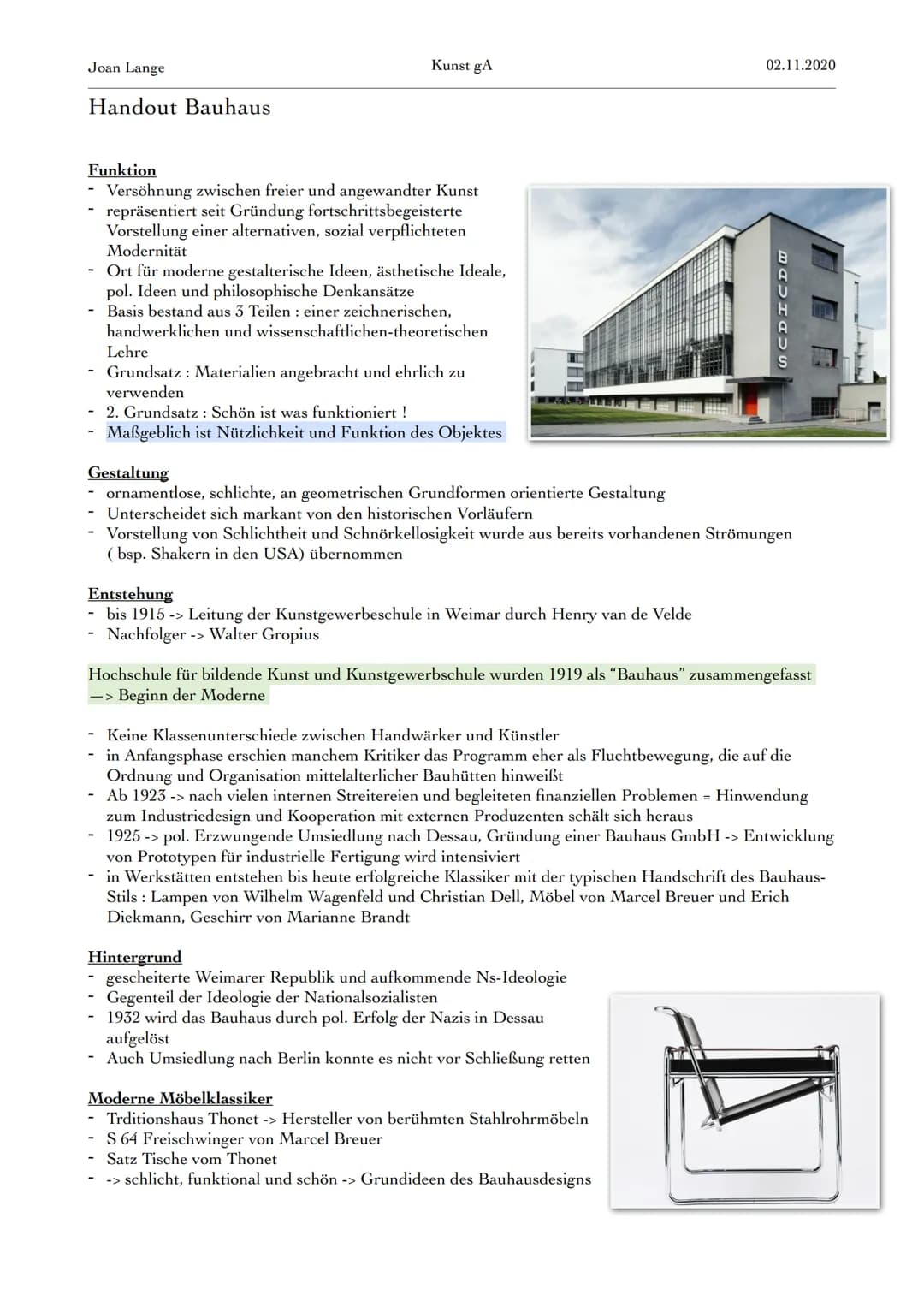 Joan Lange
Handout Bauhaus
Kunst gA
Funktion
Versöhnung zwischen freier und angewandter Kunst
repräsentiert seit Gründung fortschrittsbegeis