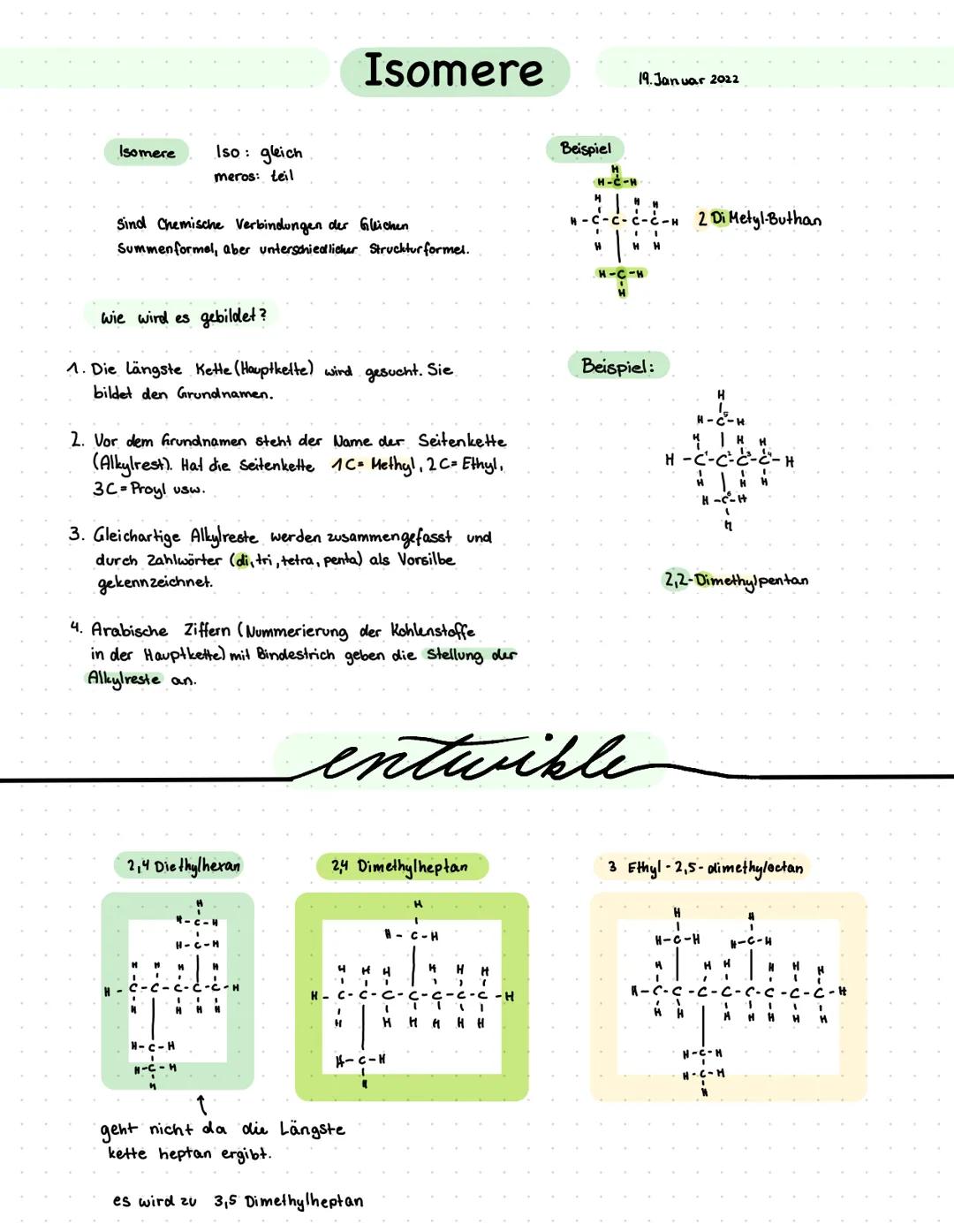 # Isomere

Isomere
Iso: gleich
meros: teil

19. Januar 2022

Beispiel

Sind Chemische Verbindungen der Gleichen
Summenformel, aber unterschi