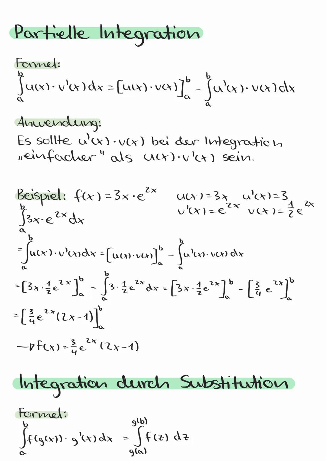 Partielle Integration
Formel:
[uce)- v'er]dx = [uur)-vers]" - Ju'ers vo
Anwendung:
Es sollte u'(x) • v(x) bei der Integration
einfacher" als