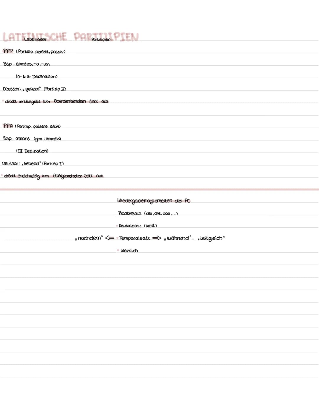 LATELateiniseneSCHE PAR PIEN
PPP (Partizip, perfekt, passiv)
Bsp.. amatus, -a, -um
(o- & a- Deklination)
Deutsch: geliebt" (Partizip II)
drü