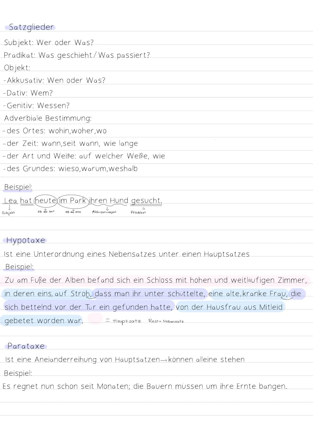 Deutsche PIO
Prüfung Satzglieder
Subjekt: Wer oder Was?
Prädikat: Was geschieht/Was passiert?
Objekt:
-Akkusativ: Wen oder Was?
-Dativ: Wem?