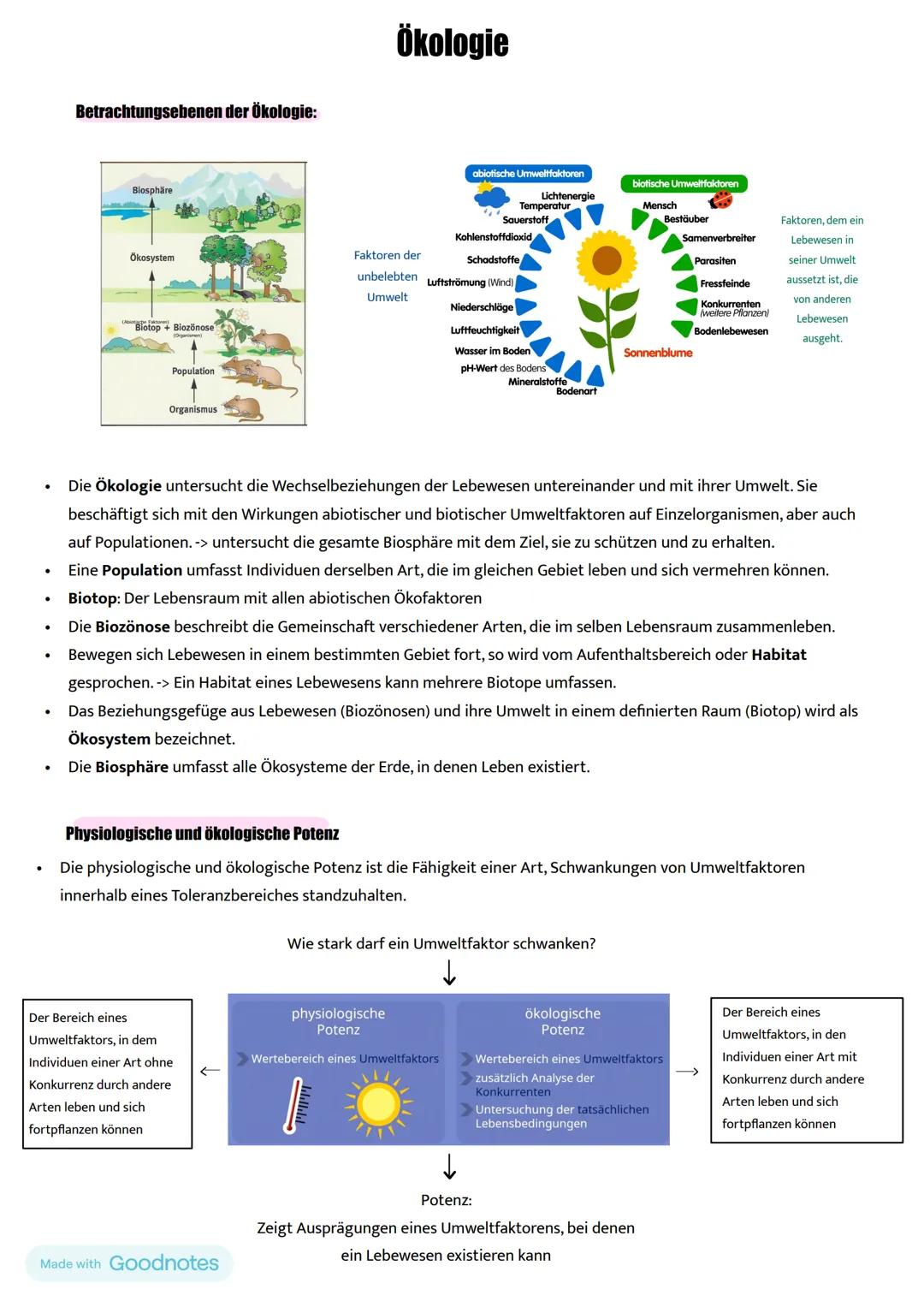 # Ökologie

Made with Goodnotes # Ökologie

Betrachtungsebenen der Ökologie:

Blosphäre

Ökosystem

Population

Organismus

abiotische Umwel