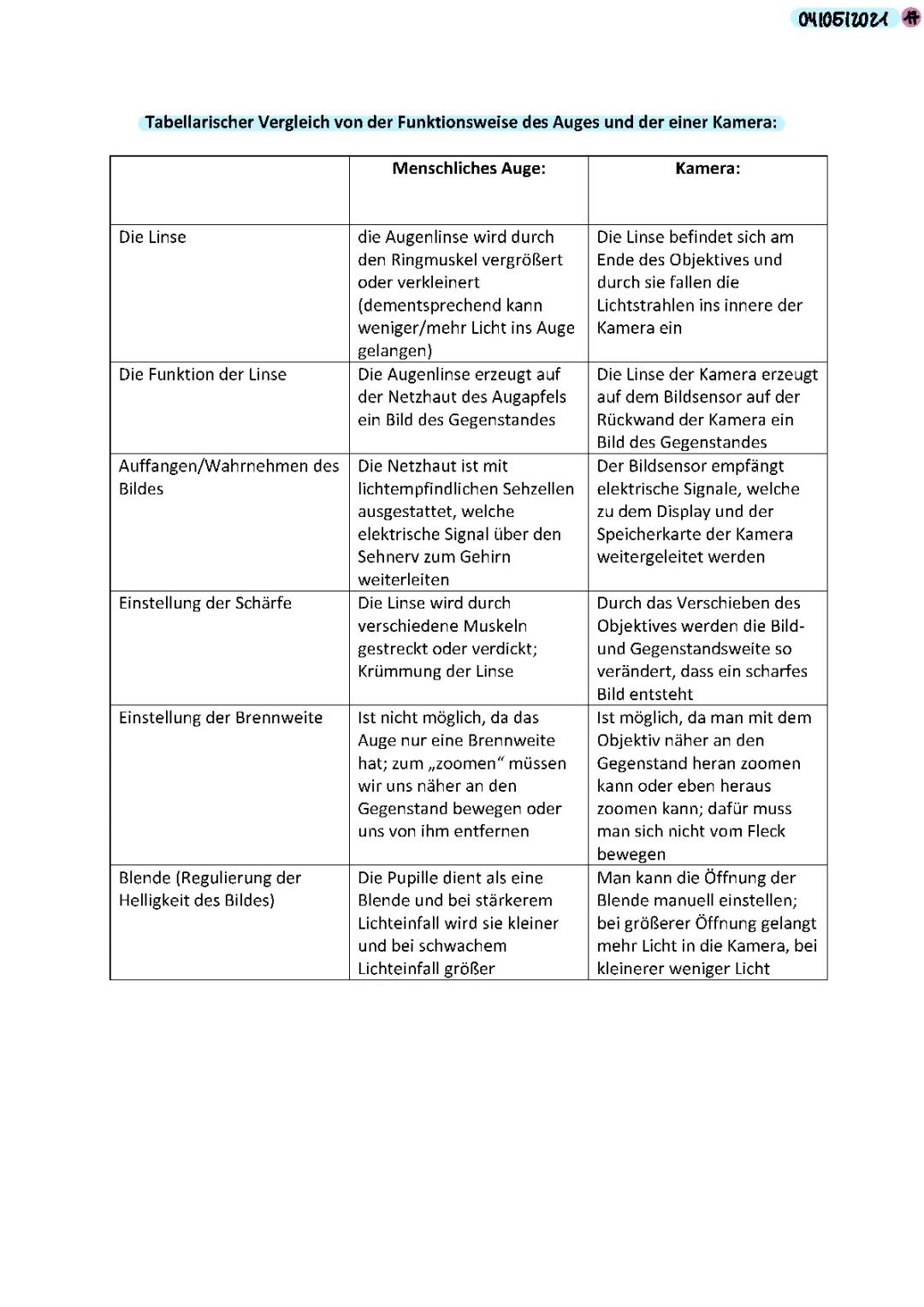 Vergleich Auge und Kamera: Tabelle, Brennweite, Optisches System und mehr