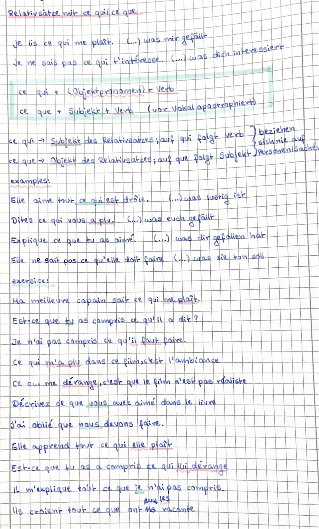 Relativ sätze mit ce quilce que
Je lis ce qui me plaît.
(...) was mir gefällt
Je ne sais pas ce qui t'intéresse. (...) was dich interessiert