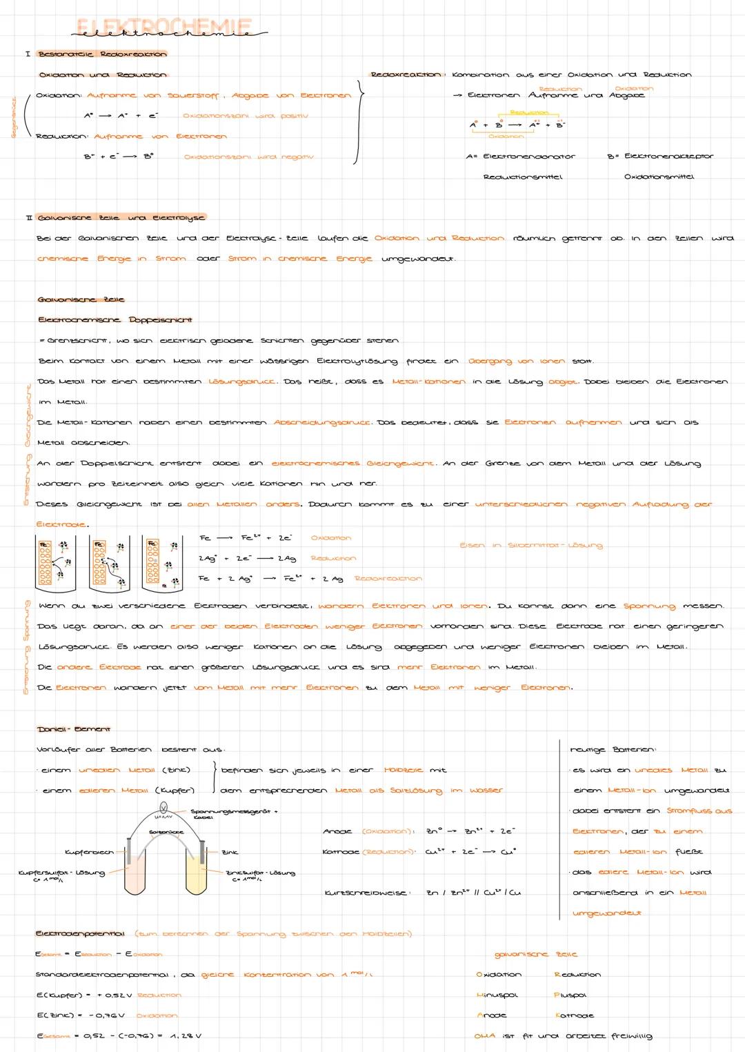 # ELEKTROCHEMIE

I Besionatele Reconce

Oxidation und Rediction

Oxidation: Autnahme von Sauerstoff, nogace von Electronen

$A \rightarrow A