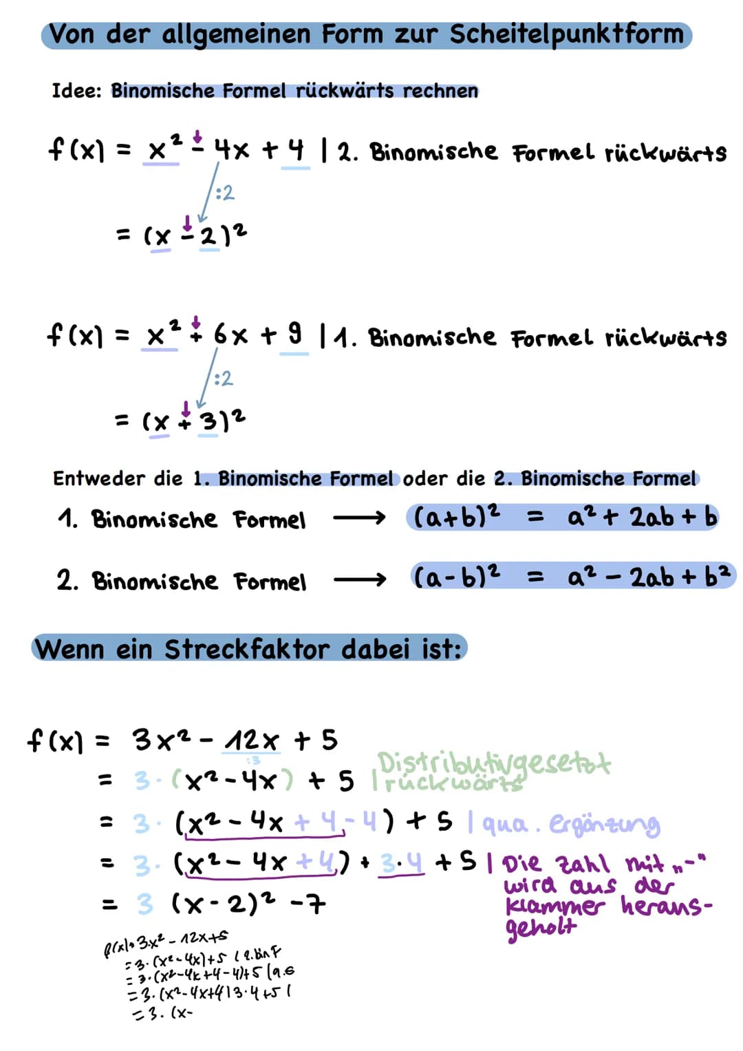 Darstellungsformen
●
Scheitelpunktform: f (x) = 2 (x-1)²8
1
Streckfaktor
f (x) = a (x -d) ²+ e
quadratischer Funktionsgleichungen
↓
f (x) = 