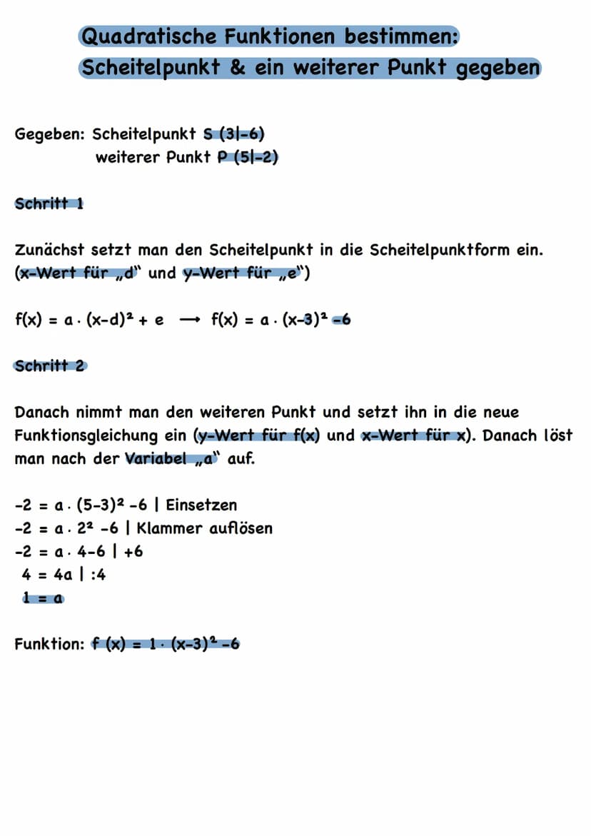 Darstellungsformen
●
Scheitelpunktform: f (x) = 2 (x-1)²8
1
Streckfaktor
f (x) = a (x -d) ²+ e
quadratischer Funktionsgleichungen
↓
f (x) = 