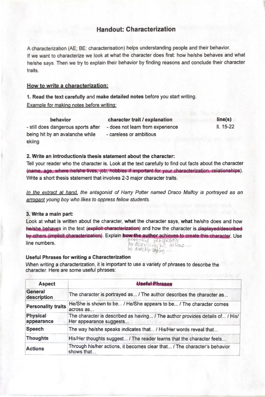 # Handout: Characterization

A characterization (AE; BE: characterisation) helps understanding people and their behavior.
If we want to char