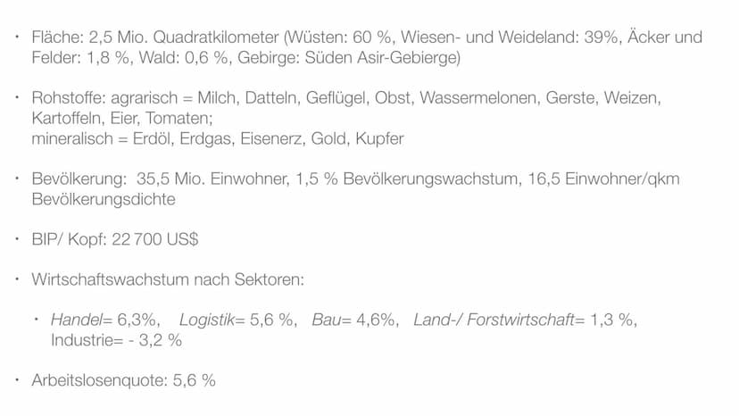 Saudi-Arabien
Wie nachhaltig ist die Landwirtschaft in Saudi-Arabien? Inhaltsverzeichnis
●
●
●
●
●
●
●
●
●
●
●
●
Lokalisierung
Aktuelle Situ