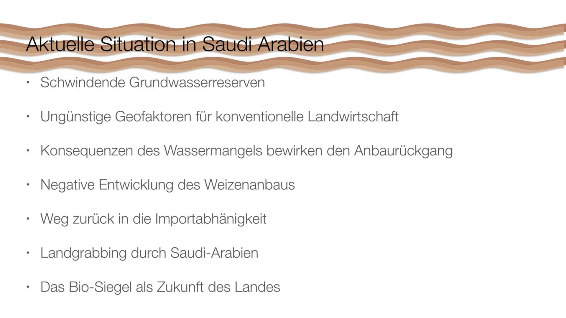 Saudi-Arabien
Wie nachhaltig ist die Landwirtschaft in Saudi-Arabien? Inhaltsverzeichnis
●
●
●
●
●
●
●
●
●
●
●
●
Lokalisierung
Aktuelle Situ