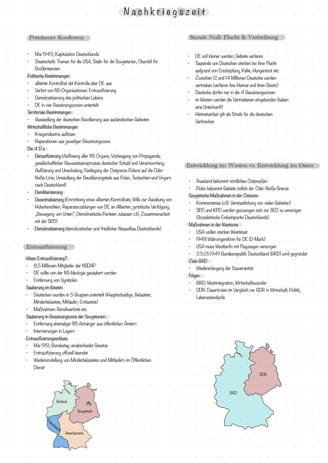# Nachkriegszeit

Potsdamer Konferenz
*   Mai 1945; Kapitulation Deutschlands
*   Staatschefs: Truman für die USA, Stalin für die Sowjetunio