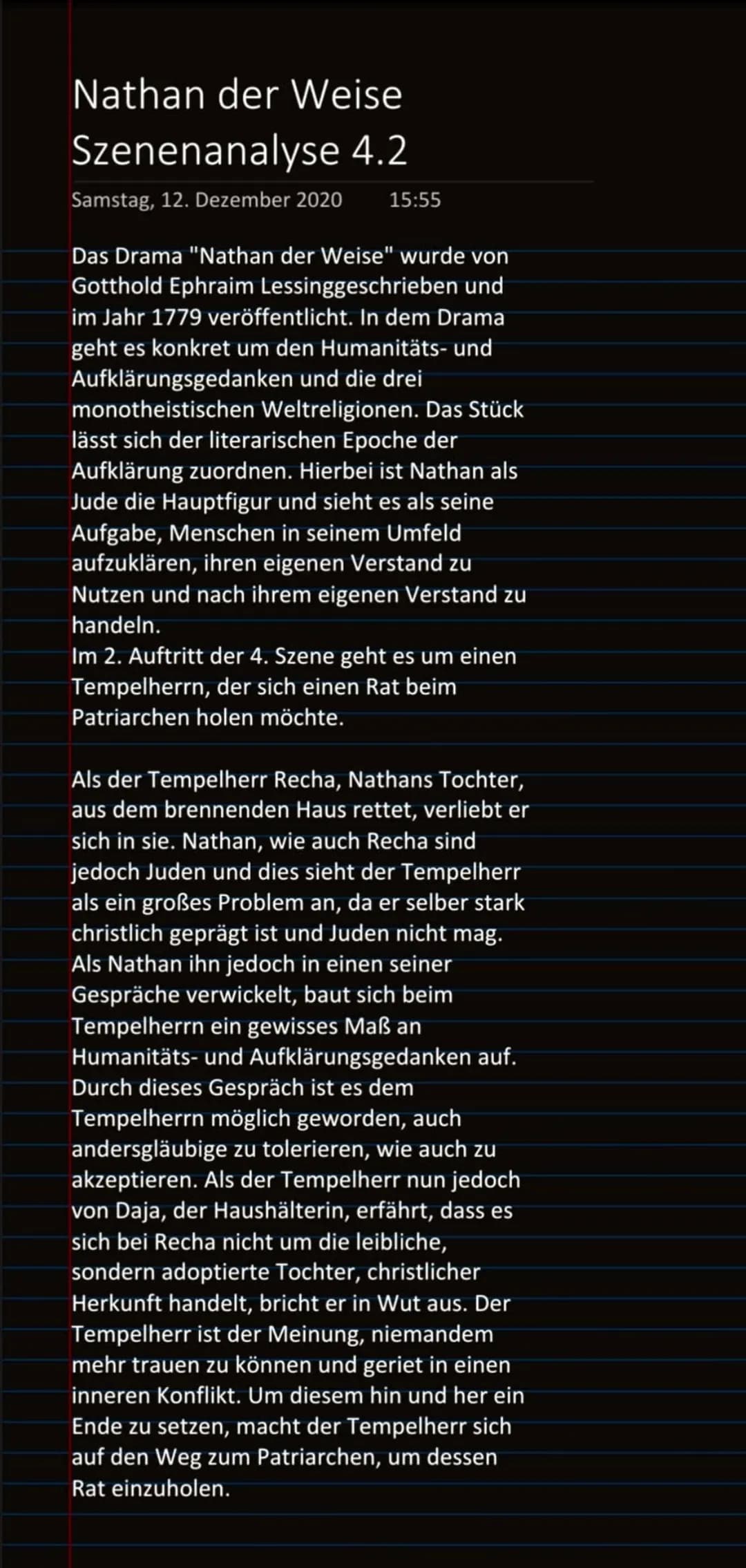 Nathan der Weise
Szenenanalyse 4.2
Samstag, 12. Dezember 2020 15:55
Das Drama "Nathan der Weise" wurde von
Gotthold Ephraim Lessinggeschrieb