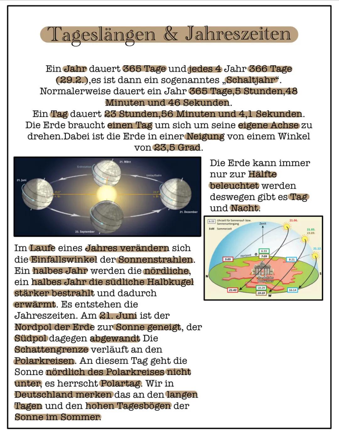 Tageslängen & Jahreszeiten
Ein Jahr dauert 365 Tage und jedes 4 Jahr 366 Tage
(29.2.), es ist dann ein sogenanntes „Schaltjahr".
Normalerwei