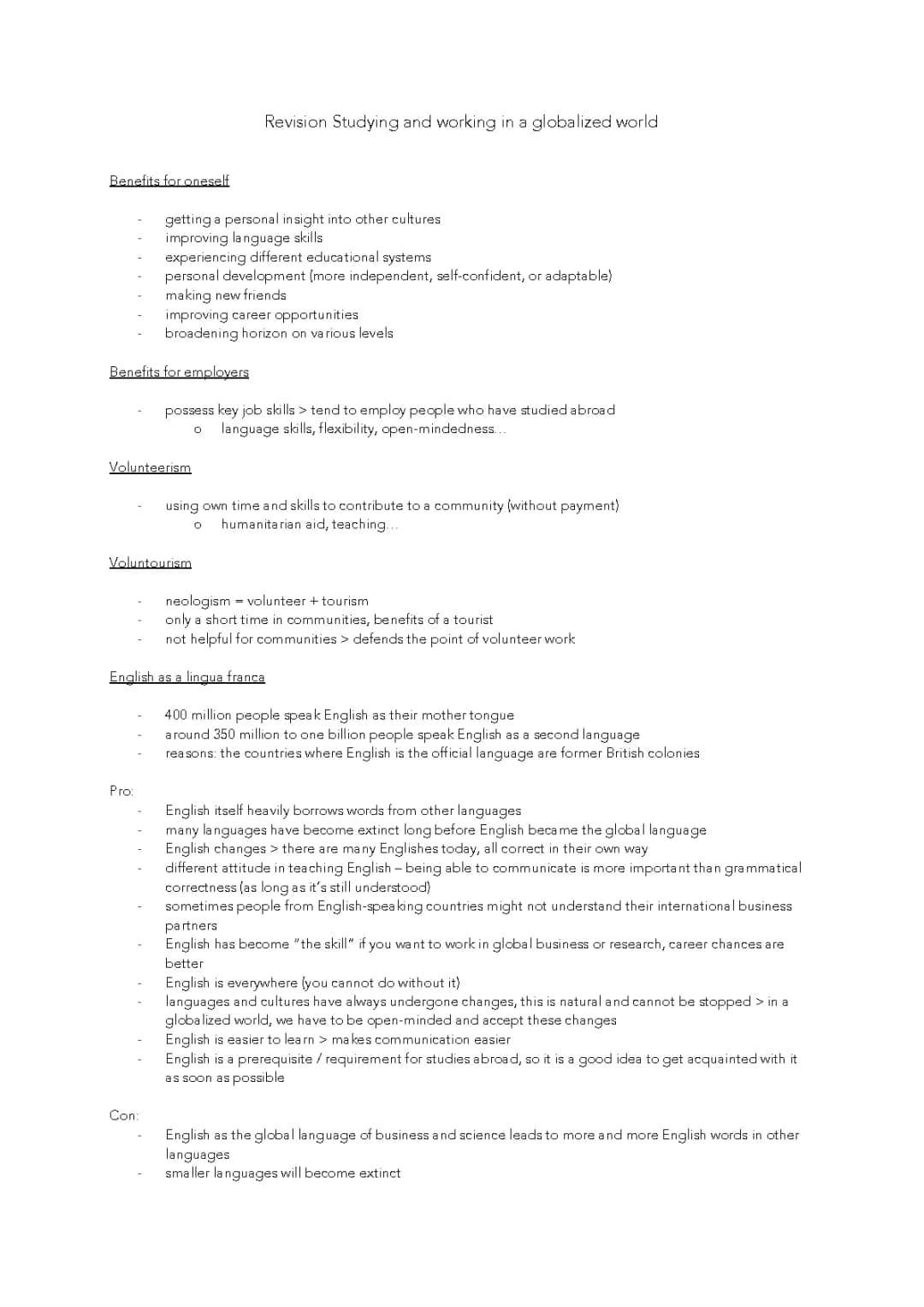 Abitur Lernzettel Englisch - Studying and working in a globalized world