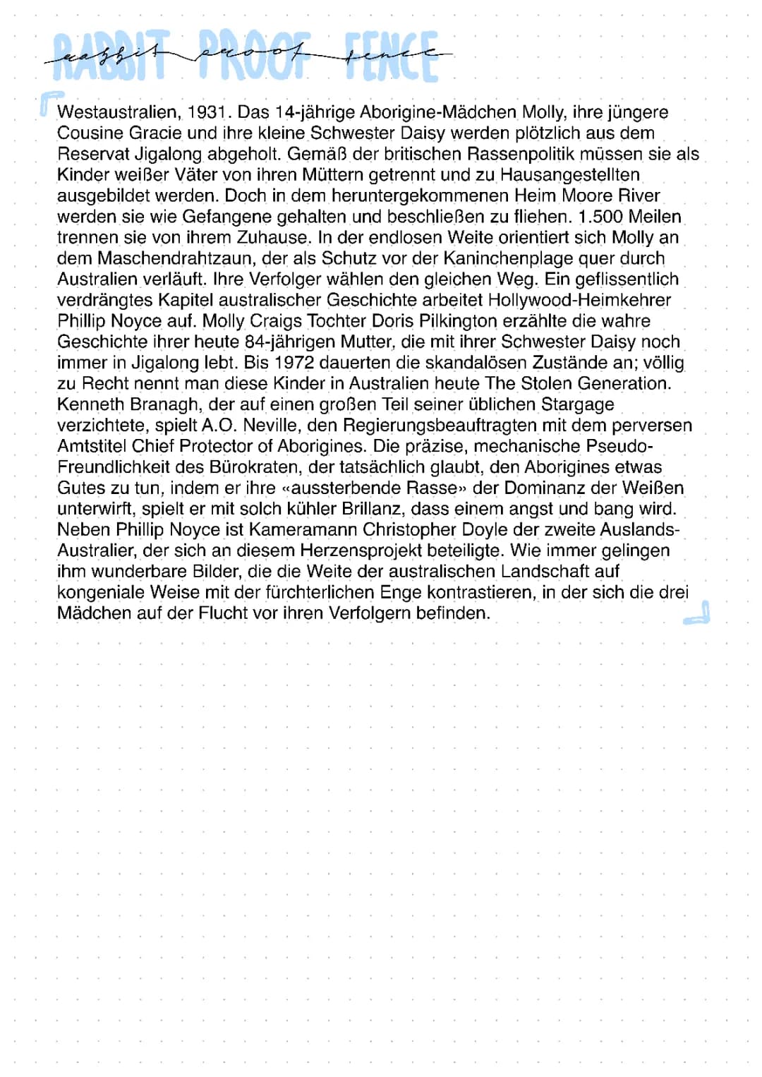 Rabbit-Proof Fence Buch Deutsch - Zusammenfassung und Aufgaben Lösungen