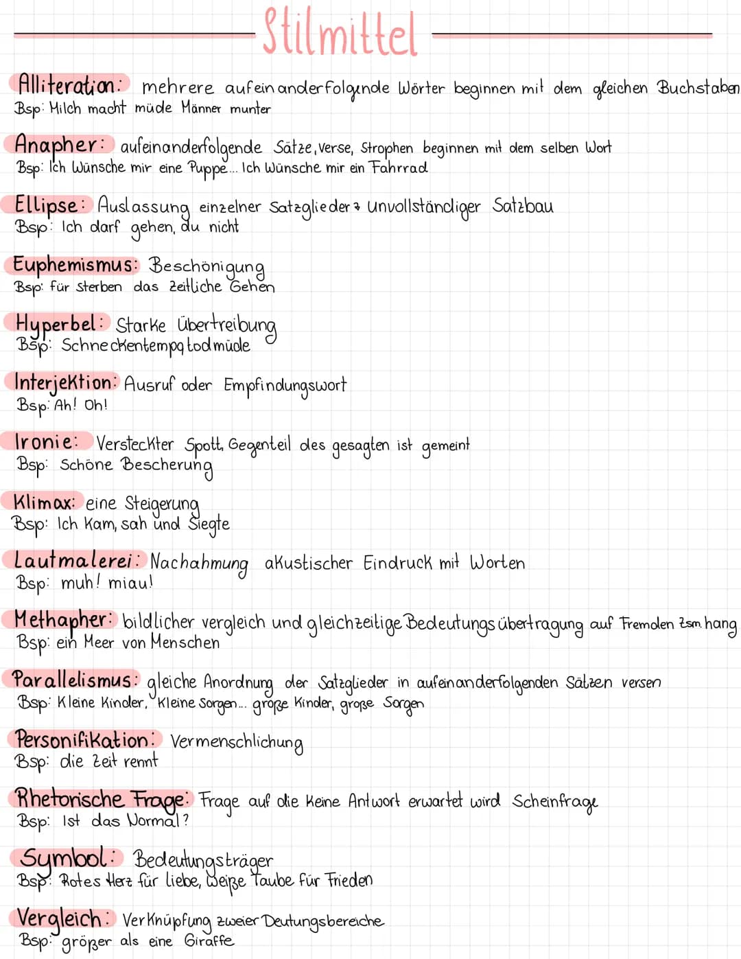 Stilmittel
Alliteration mehrere aufein ander folgende Wörter beginnen mit dem gleichen Buchstaben
Bsp: Milch macht müde Männer munter
Anaphe