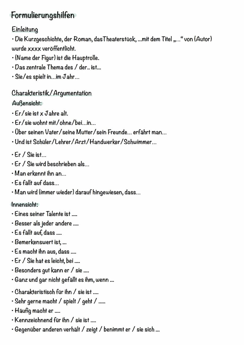 Aufbau-Charakterisierung
1. Einleitung mit Basissatz
2. Kurze Hinführung zum Thema
Inhalt (1-2 Sätzen)
Ort und Zeit des Geschehens
Kernaussa