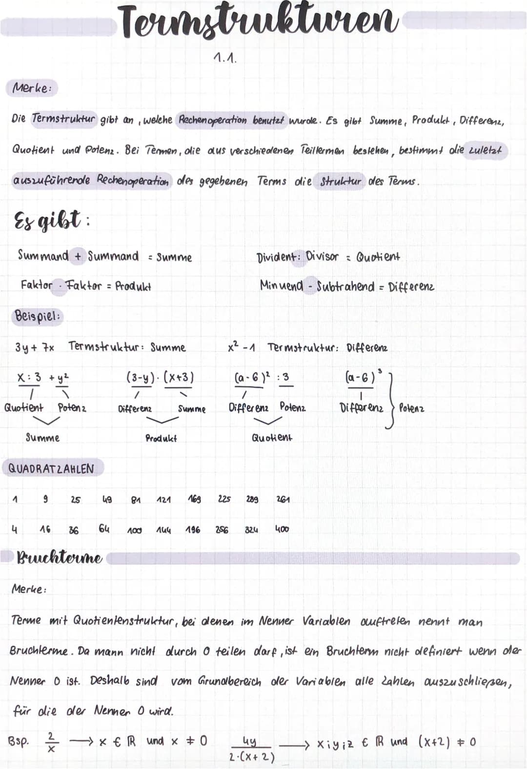Merke:
Die Termstruktur gibt an, welche Rechen operation benutzt wurde. Es gibt Summe, Produkt, Differenz,
Quotient und Potenz. Bei Termen, 
