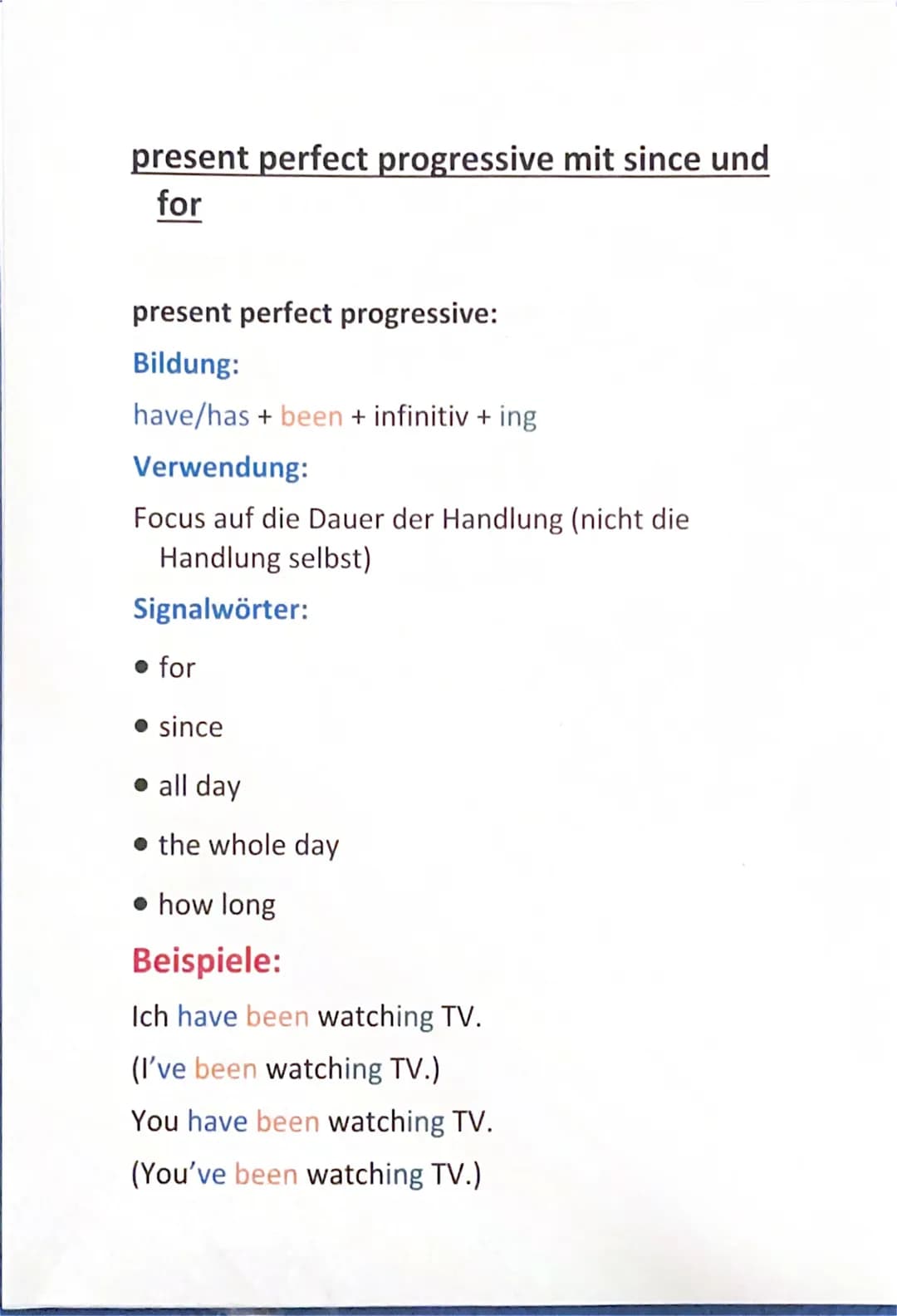 present perfect mit since und for
present perfect:
Bildung:
to have/has + Infinitive + -ed
(unregelmäßig: have/has +
Verwendung
Die in der V