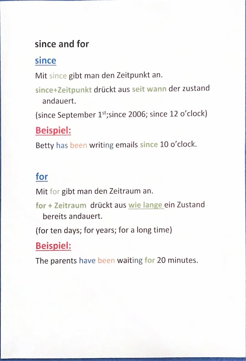 present perfect mit since und for
present perfect:
Bildung:
to have/has + Infinitive + -ed
(unregelmäßig: have/has +
Verwendung
Die in der V