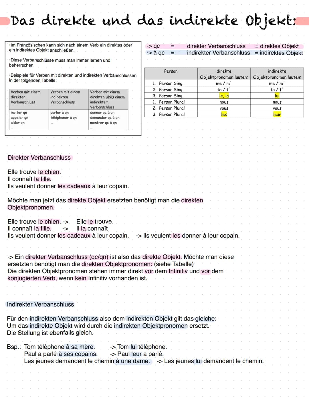 Das direkte und das indirekte Objekt:
•Im Französischen kann sich nach einem Verb ein direktes oder
ein indirektes Objekt anschließen.
direk